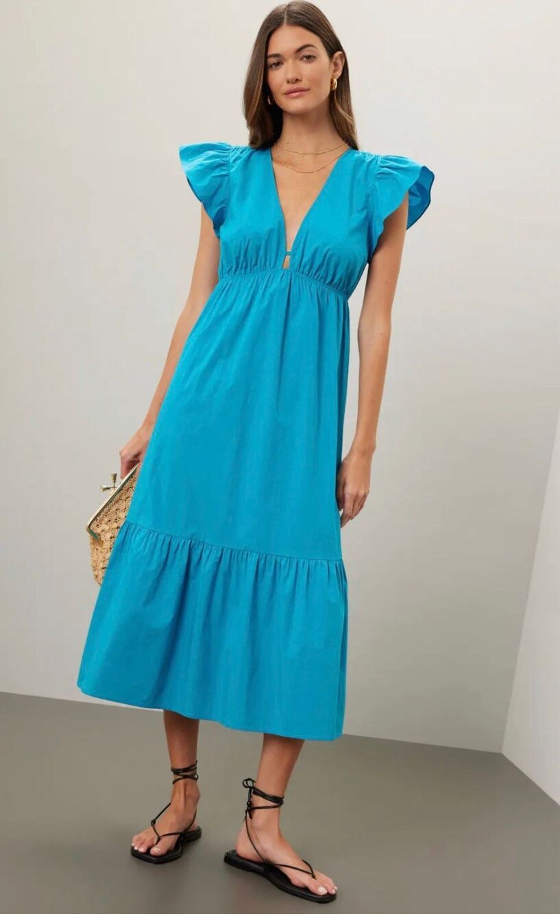 RAILS Tina Blue Midi Dress Size Medium Flutter Sleeve Ruffle Hem Blue Cotton - Picture 2 of 13